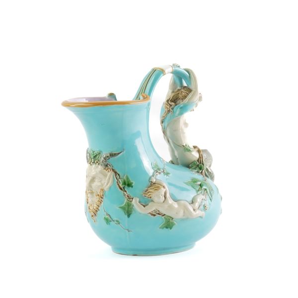 A MINTON MAJOLICA TURQUOISE-GROUND `ASKOS' WINE  JUG