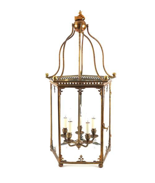 A BRASS LACQUERED HEXAGONAL HALL HANGING LANTERN