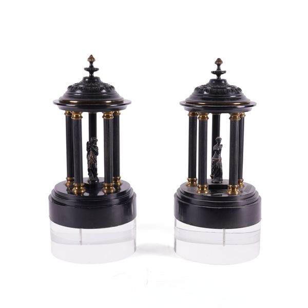 A PAIR OF NEO-CLASSICAL STYLE  BRONZE PATINATED AND POLISHED BLACK SLATE TEMPLE CENTRE PIECES OR TABLE TEMPIETTI (2)