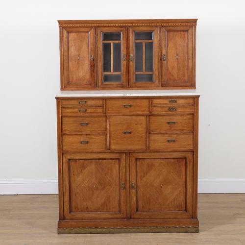 AN EARLY 20TH CENTURY INLAID OAK DENTIST'S CABINET