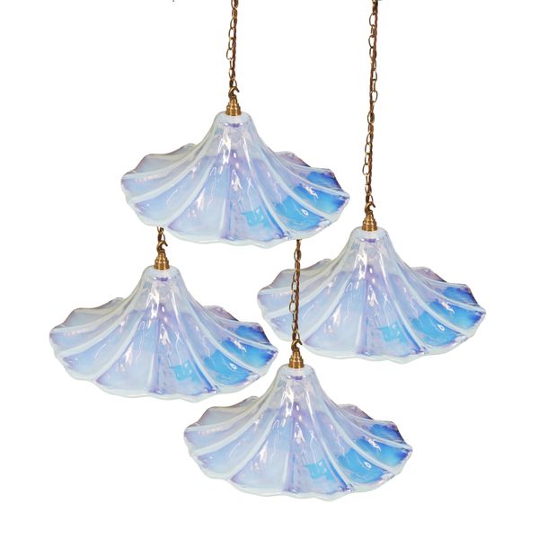 A SET OF FOUR OPALESCENT GLASS FLOWER PETAL HANGING LIGHTS (4)