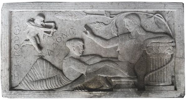 A NEO-CLASSICAL STYLE BAS RELIEF CAST RECONSTITUTED STONE PANEL DEPICTING ADONIS AND APHRODITE