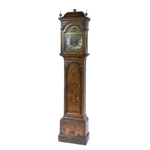 A GEORGE II PARCEL-GILT OLIVE-GREEN LACQUER AND CHINOISERIE DECORATED LONGCASE CLOCK