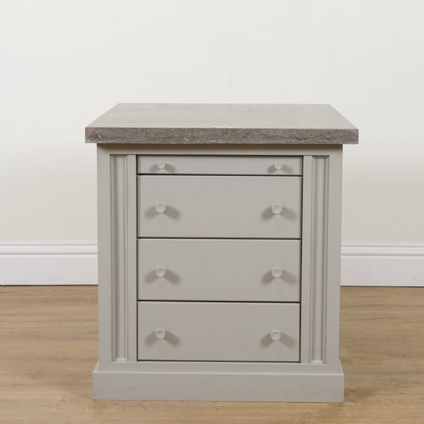 A MODERN GREY PAINTED MARBLE TOPPED FOUR DRAWER PEDESTAL