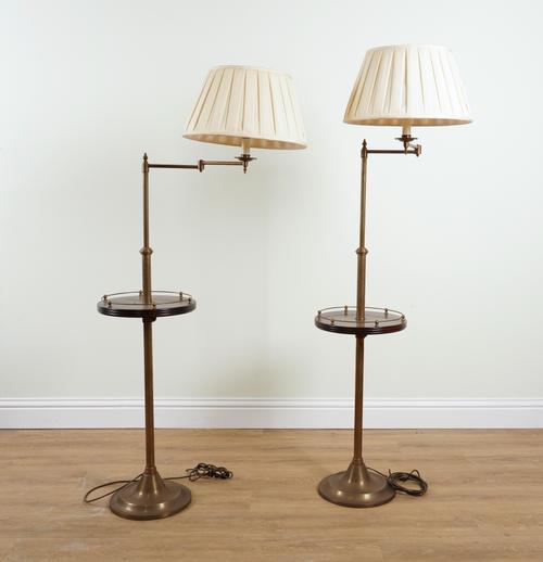 A PAIR OF BESSELINK & JONES BRASS AND CHERRYWOOD SWING ARM FLOOR STANDING LIGHTS (2)