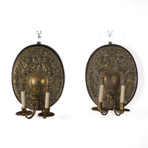 A PAIR OF BRASS TWIN LIGHT WALL APPLIQUES (4)
