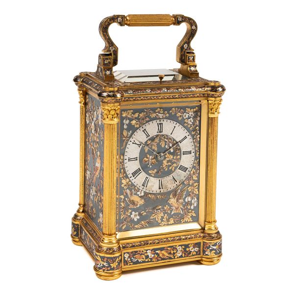 A FRENCH BRASS STRIKING AND REPEATING CARRIAGE CLOCK WITH FOUR SHIBAYAMA STYLE DECORATED PANELS