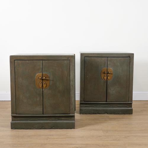 A PAIR OF EARLY 20TH CENTURY CHINESE EXPORT GREEN LACQUER TWO DOOR SIDE CABINETS (2)