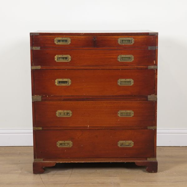 A CAMPAIGN STYLE BRASS BOUND MAHOGANY SECRETAIRE CHEST