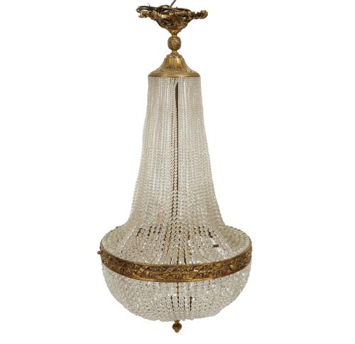 A LOUIS XVI STYLE GLASS AND GILT-METAL MOUNTED TENT AND BAG EIGHT LIGHT CHANDELIER