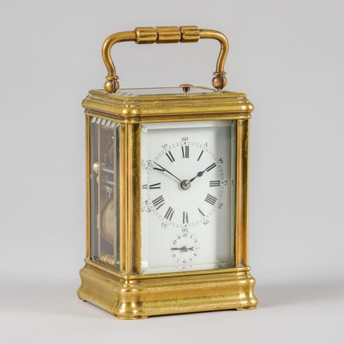 A FRENCH PETITE SONNERIE STRIKING AND REPEATING BRASS MID-SIZE GORGE CASED CARRIAGE CLOCK