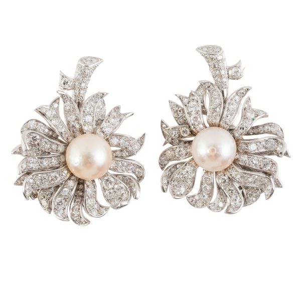 ATTRIBUTED TO BOUCHERON, A PAIR OF PEARL AND DIAMOND EARRINGS (4)