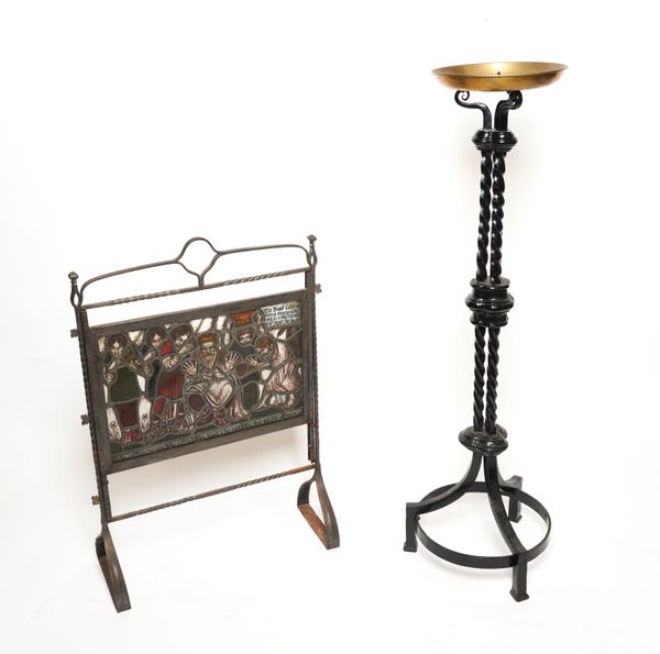 A WROUGHT-IRON MOUNTED STAINED GLASS FIRE-SCREEN (2)