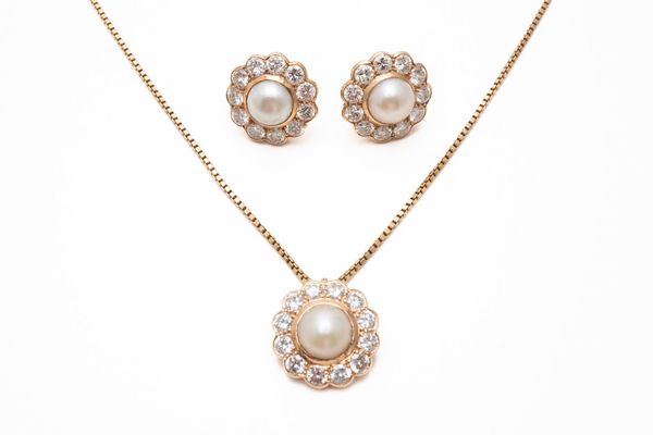 A PEARL AND DIAMOND FLORAL CLUSTER NECKLACE WITH MATCHING EARRINGS (4)