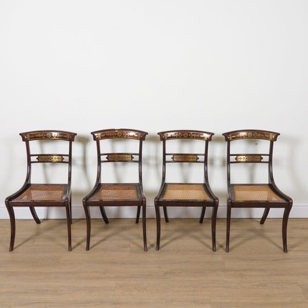 A SET OF FOUR 19TH CENTURY BRASS INLAID FAUX ROSEWOOD TABLET BACK DINING CHAIRS (4)
