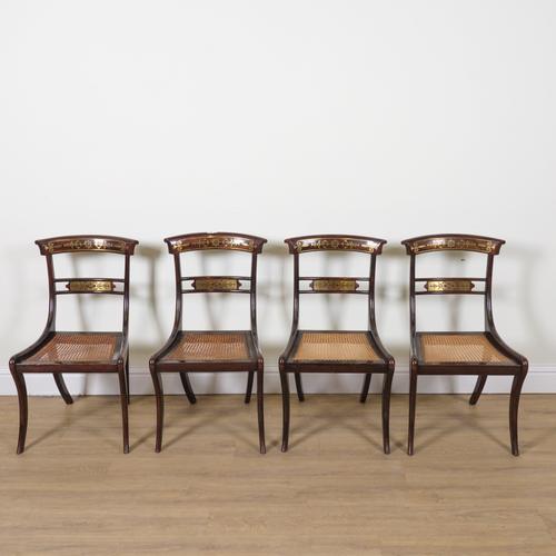 A SET OF FOUR 19TH CENTURY BRASS INLAID FAUX ROSEWOOD TABLET BACK DINING CHAIRS (4)