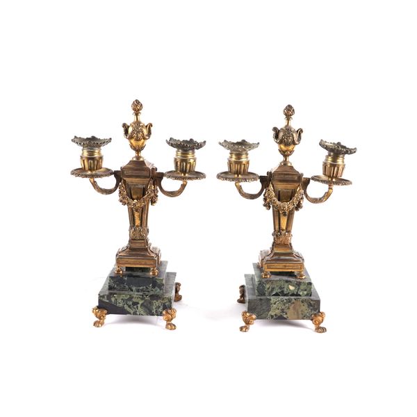 A PAIR OF FRENCH LOUIS XVI STYLE GILT-BRONZE TWIN LIGHT CANDELABRA (2)