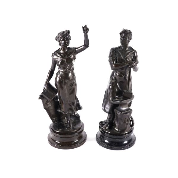 A PAIR OF GERMAN BRONZE PATINATED METAL PERSONIFICATIONS OF INDUSTRY AND WISDOM (2)