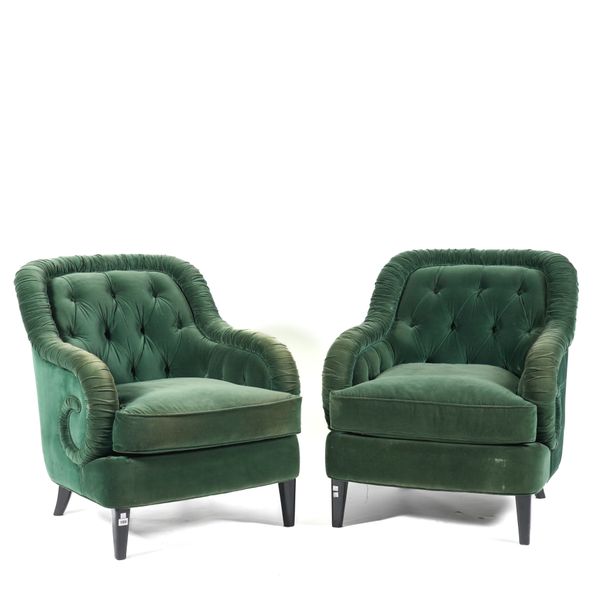 COACH HOUSE; A PAIR OF BUTTONBACK FOREST GREEN UPHOLSTERED ARMCHAIRS (2)