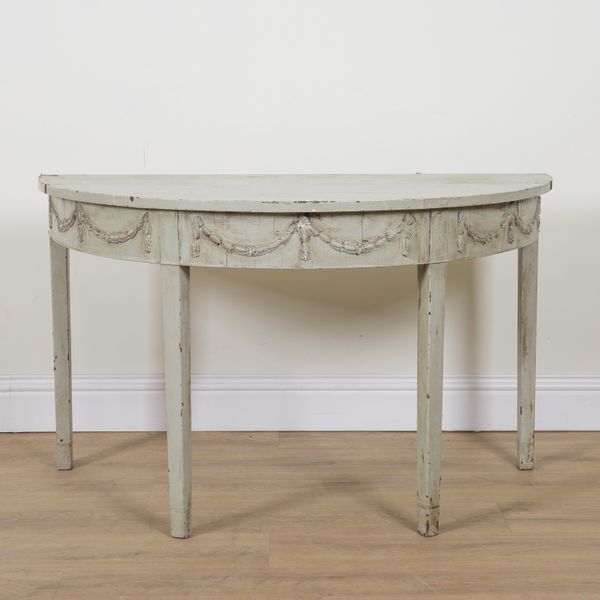 A GEORGE III LATER PAINTED MAHOGANY SEMI ELLIPTIC CONSOLE TABLE