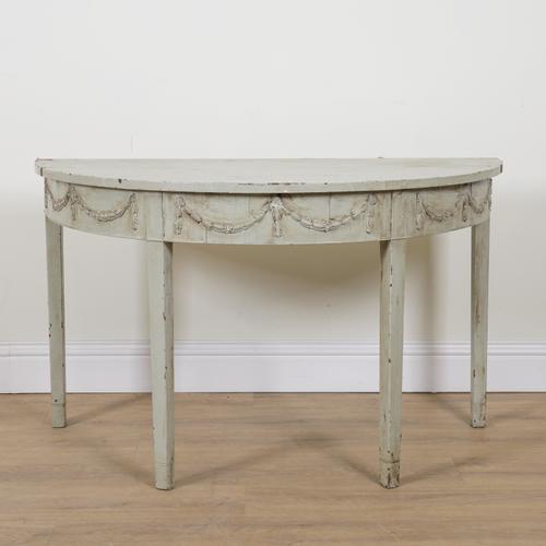A GEORGE III LATER PAINTED MAHOGANY SEMI ELLIPTIC CONSOLE TABLE