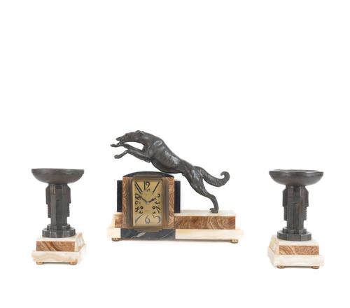 A FRENCH ART DECO BRONZE GREYHOUND MOUNTED THREE-PIECE CLOCK GARNITURE (3)