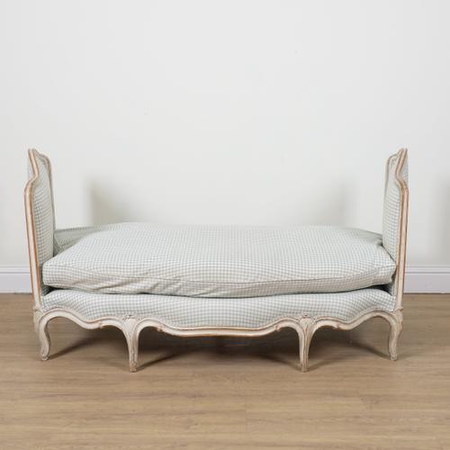 A LOUIS XV STYLE CREAM PAINTED GREEN GINGHAM UPHOLSTERED CANAPE