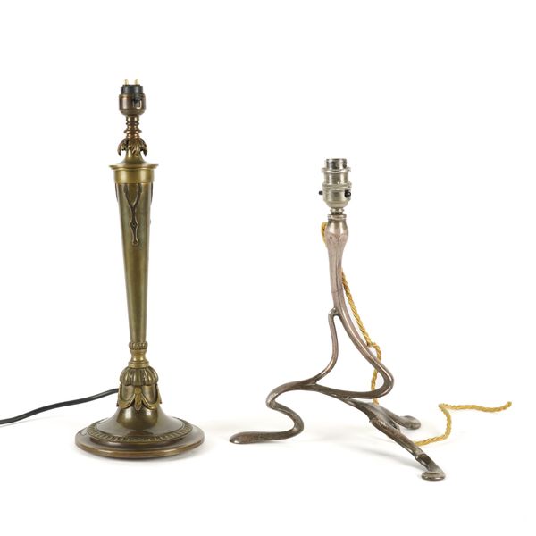 AN ART NOUVEAU SILVERED METAL TABLE LAMP TOGETHER WITH TWO OTHER LIGHTS (3)