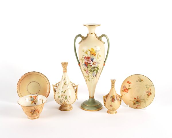 THREE ROYAL WORCESTER TWO-HANDLED VASES (6)