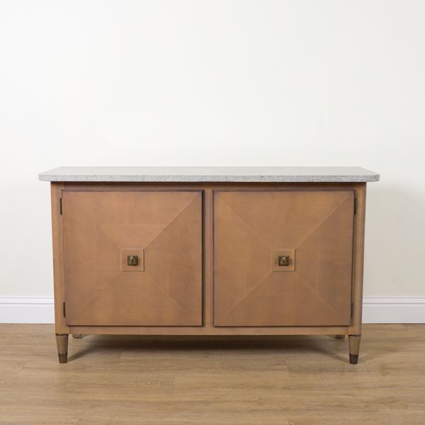 A MODERN MARBLE TOPPED TWO DOOR SIDE CABINET
