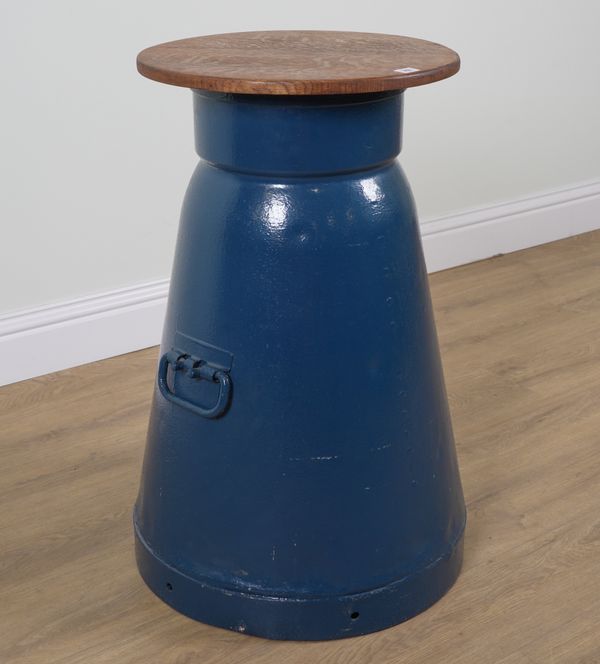 A LARGE BLUE METAL MILK CHURN, CONVERTED TO A TABLE