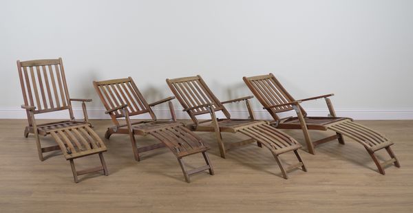 A SET OF FOUR HARDWOOD FOLDING SUN LOUNGERS (4)