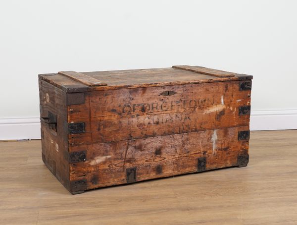 AN EARLY 20TH CENTURY IRON BOUND PINE MILITARY TRUNK