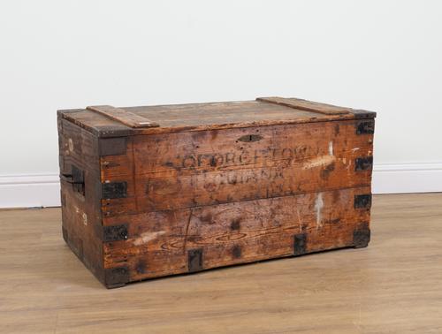 AN EARLY 20TH CENTURY IRON BOUND PINE MILITARY TRUNK