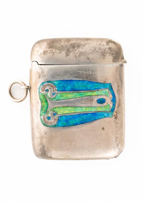 A LIBERTY AND CO SILVER AND ENAMELLED VESTA CASE