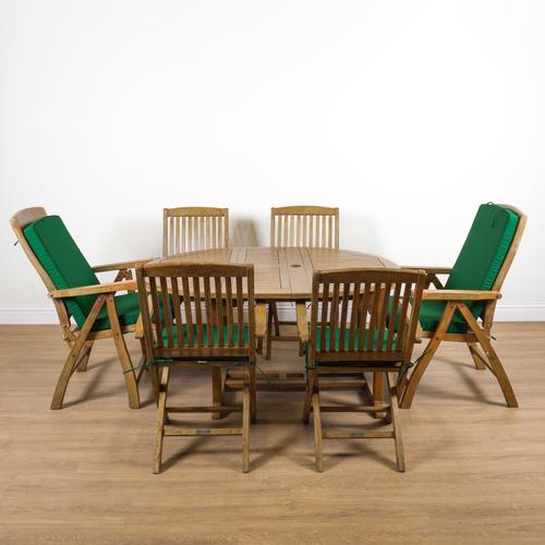 LINDSEY TEAK; A HARDWOOD CIRCULAR EXTENDING DINING TABLE (7)