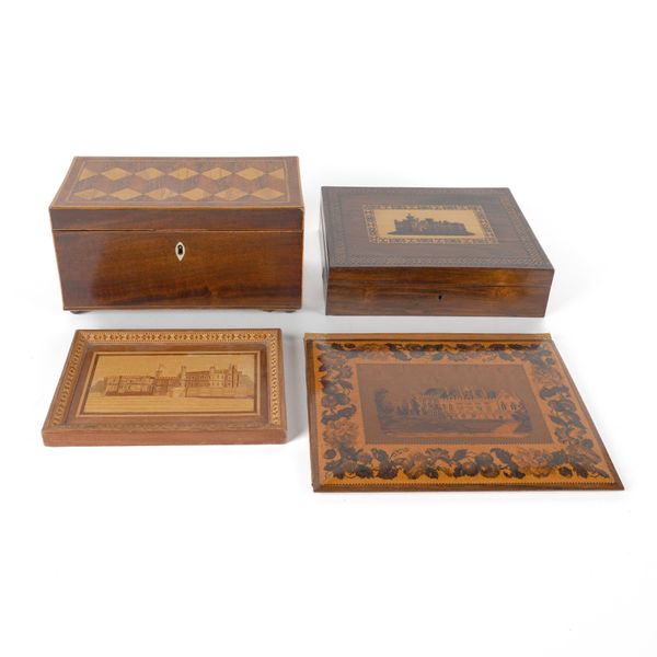 A VICTORIAN MAHOGANY SPECIMEN WOOD TEA CADDY AND THREE OTHER TUNBRIDGE WARE PIECES (4)