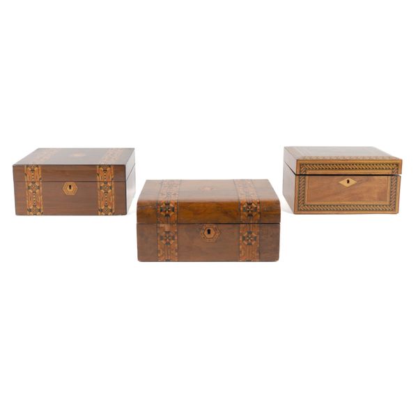 A VICTORIAN ROSEWOOD TUNBRIDGE WARE INLAID BOX AND TWO WALNUT BOXES (3)