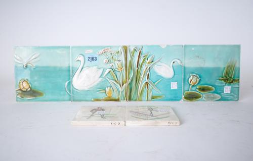 A SET OF FOUR 20TH CENTURY MAJOLICA TILES DEPICTING SWANS ON A LAKE  (6)