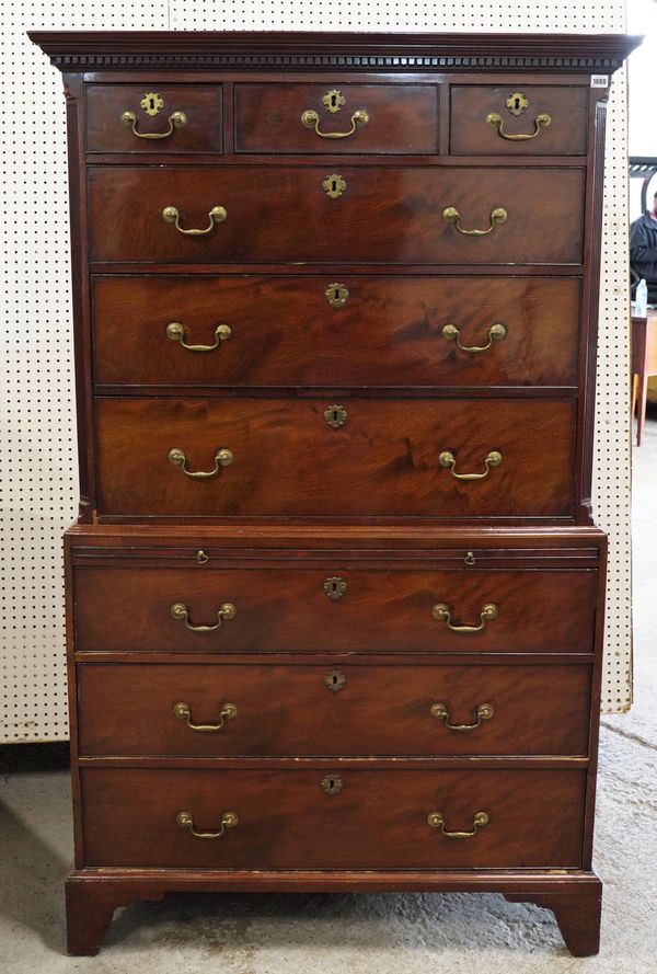 A GEORGE III MAHOGANY NINE DRAWER CHEST ON CHEST