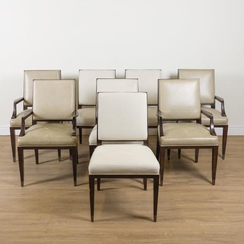 THE LUCIEN ROLLIN COLLECTION; A SET OF EIGHT HARDWOOD FRAMED CREAM LEATHER UPHOLSTERED SQUARE BACK DINING CHAIRS (8)