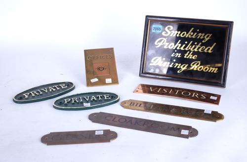 EIGHT MID 20TH CENTURY AND LATER WALL SIGNS INCLUDING, PRIVATE, VISITORS, OFFICES AND OTHERS