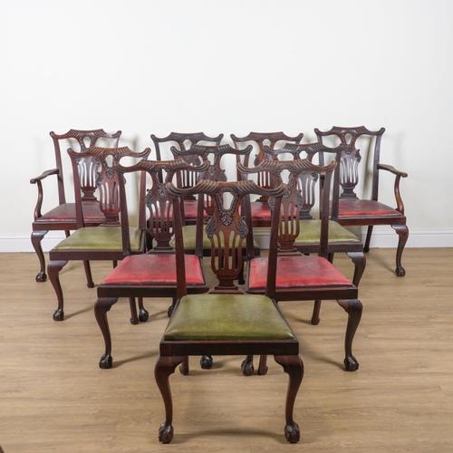 A SET OF OF TEN 18TH CENTURY STYLE MAHOGANY FRAMED DINING CHAIRS (10)