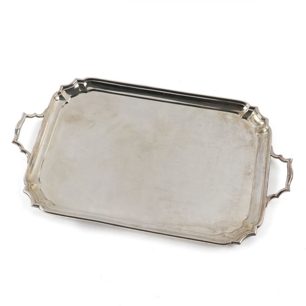 A SILVER SHAPED RECTANGULAR TWIN HANDLED TRAY