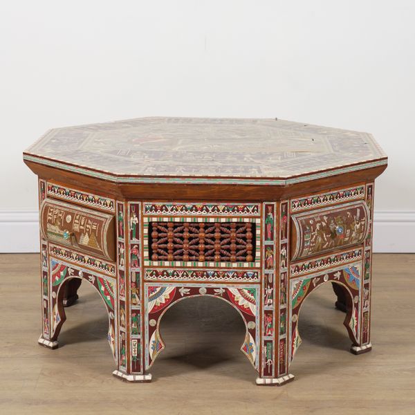 POSSIBLY FOR HARRODS; A MID 20TH CENTURY EGYPTIAN THEMED LACQUERED AND INLAID OCTAGONAL TABLE