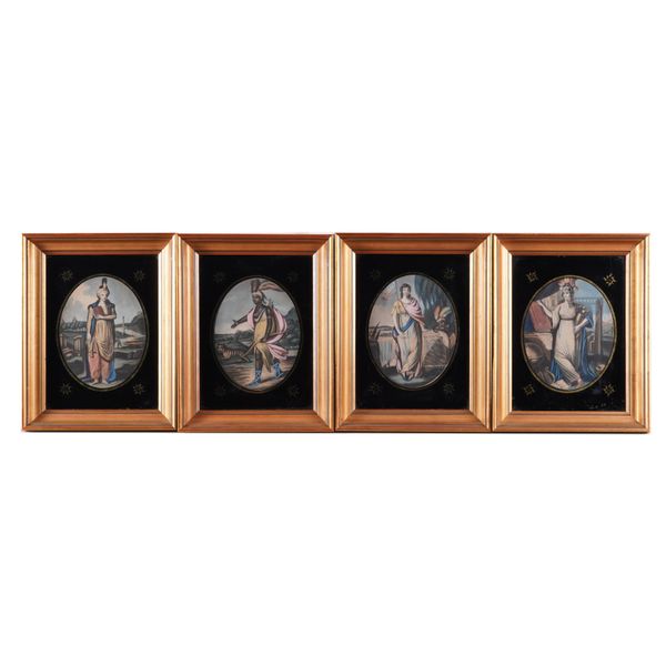 IN THE MANNER OF P. STAMPA: A SET OF FOUR HAND COLOURED MEZZOTINT OVAL PORTRAITS (4)