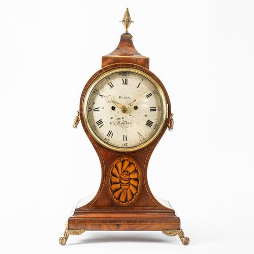 A GEORGE III MAHOGANY, CROSSBANDED, OUTLINED AND SHELL-INLAID STRIKING BALLOON BRACKET CLOCK WITH TRIP REPEAT