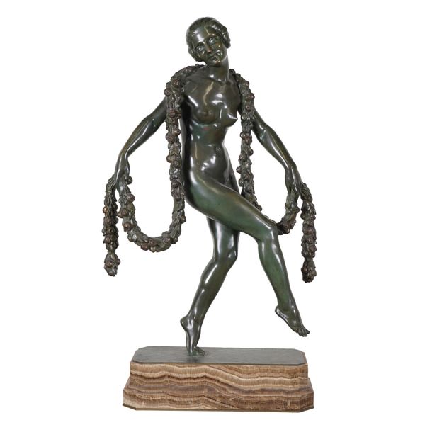 LUCIEN CHARLES EDOUARD ALLIOT (1877-1967): A FRENCH ART DECO PATINATED BRONZE FIGURE OF A FEMALE BACCHANALIAN DANCER