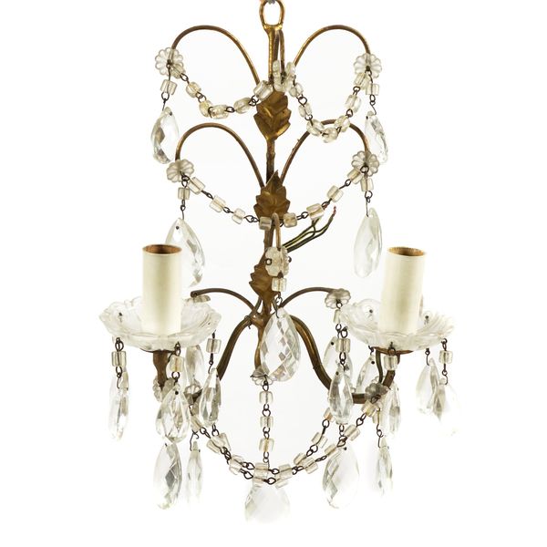 A PAIR OF FRENCH GILT-TOLE AND GLASS MOUNTED TWIN-LIGHT WALL APPLIQUES (2)