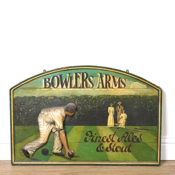 A POLYCHROME PAINTED RELEIF ARCH-TOP PUB SIGN